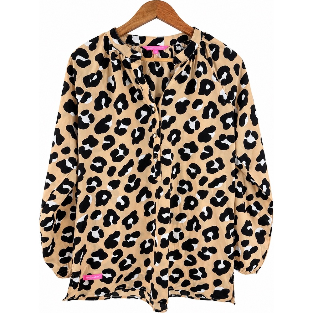 Simply Southern Boho Leopard Print Blouse Medium Tan Black White Henley Long Slv